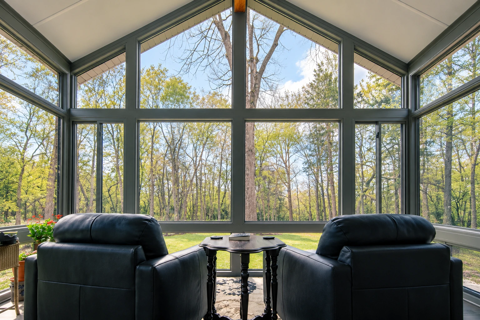 Four-season sunroom with soaring gray-framed windows, two black recliners, and a view of leafy trees.