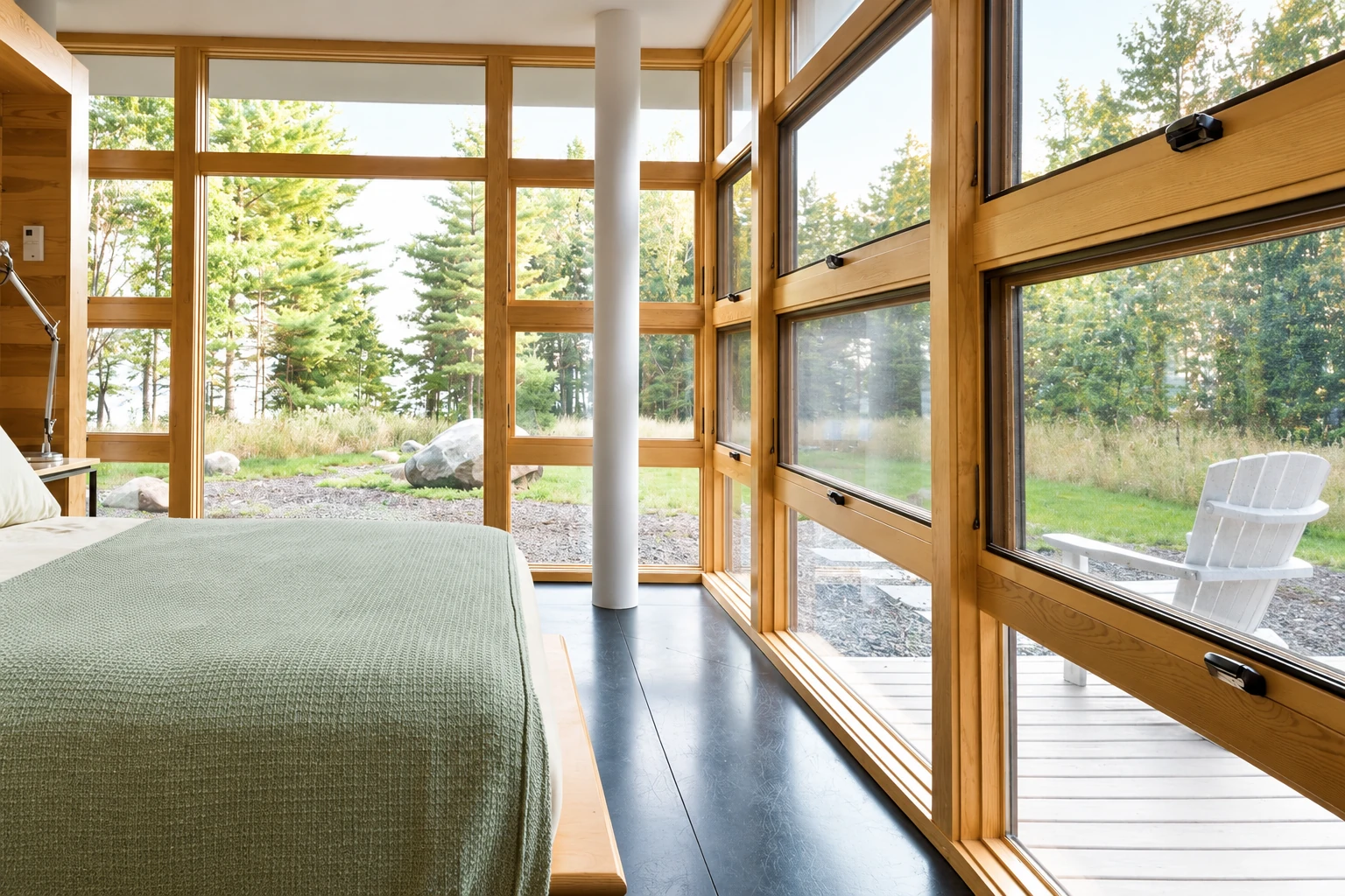 Custom sunroom with honey-colored wood framing, tall windows, a bed and a view of trees and a white deck chair.