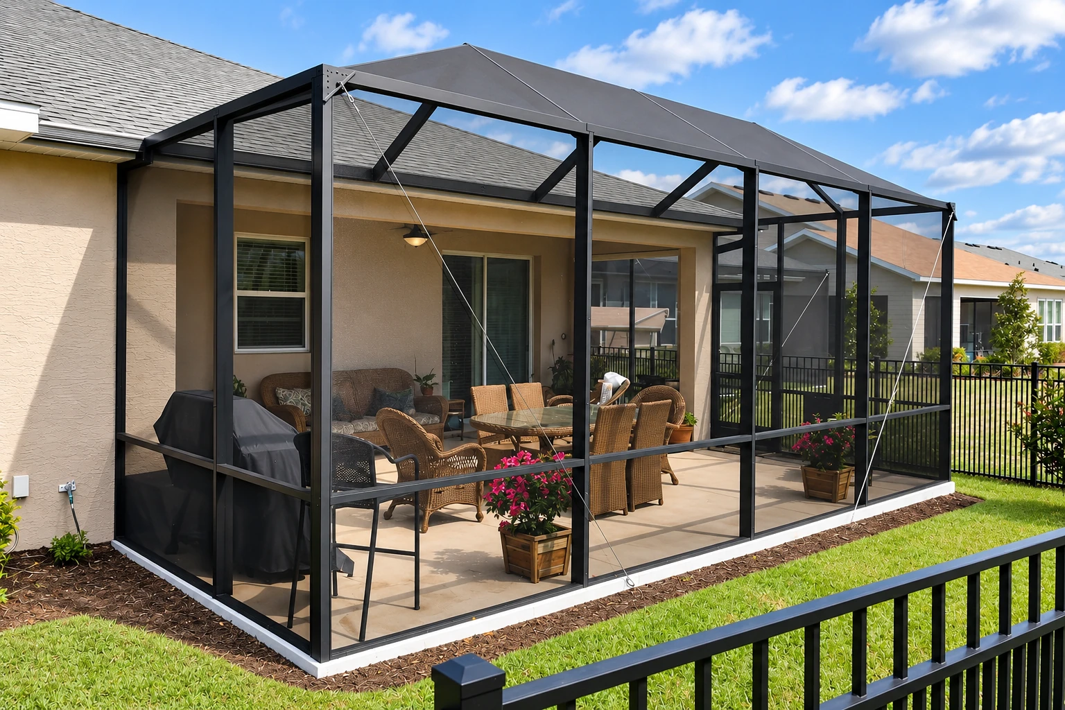 Enclosed patio room with black-framed glass panels, a peaked roof, and wicker seating beside a lawn.
