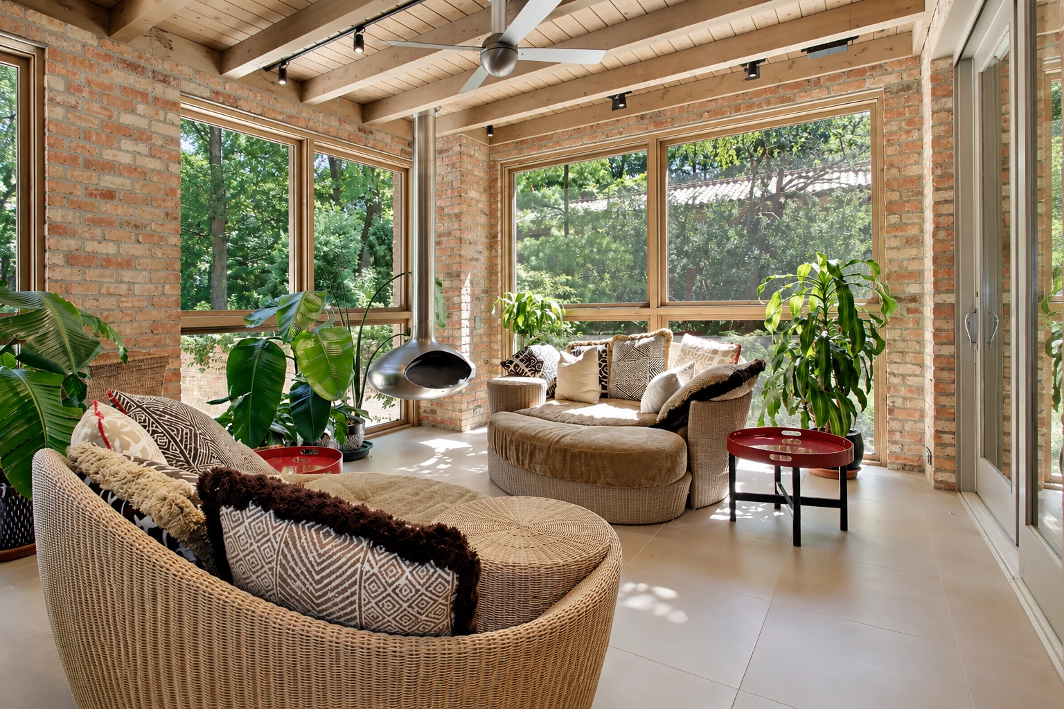 Four-season sunroom with exposed wood ceiling beams, brick walls, large windows, wicker seating and potted plants.