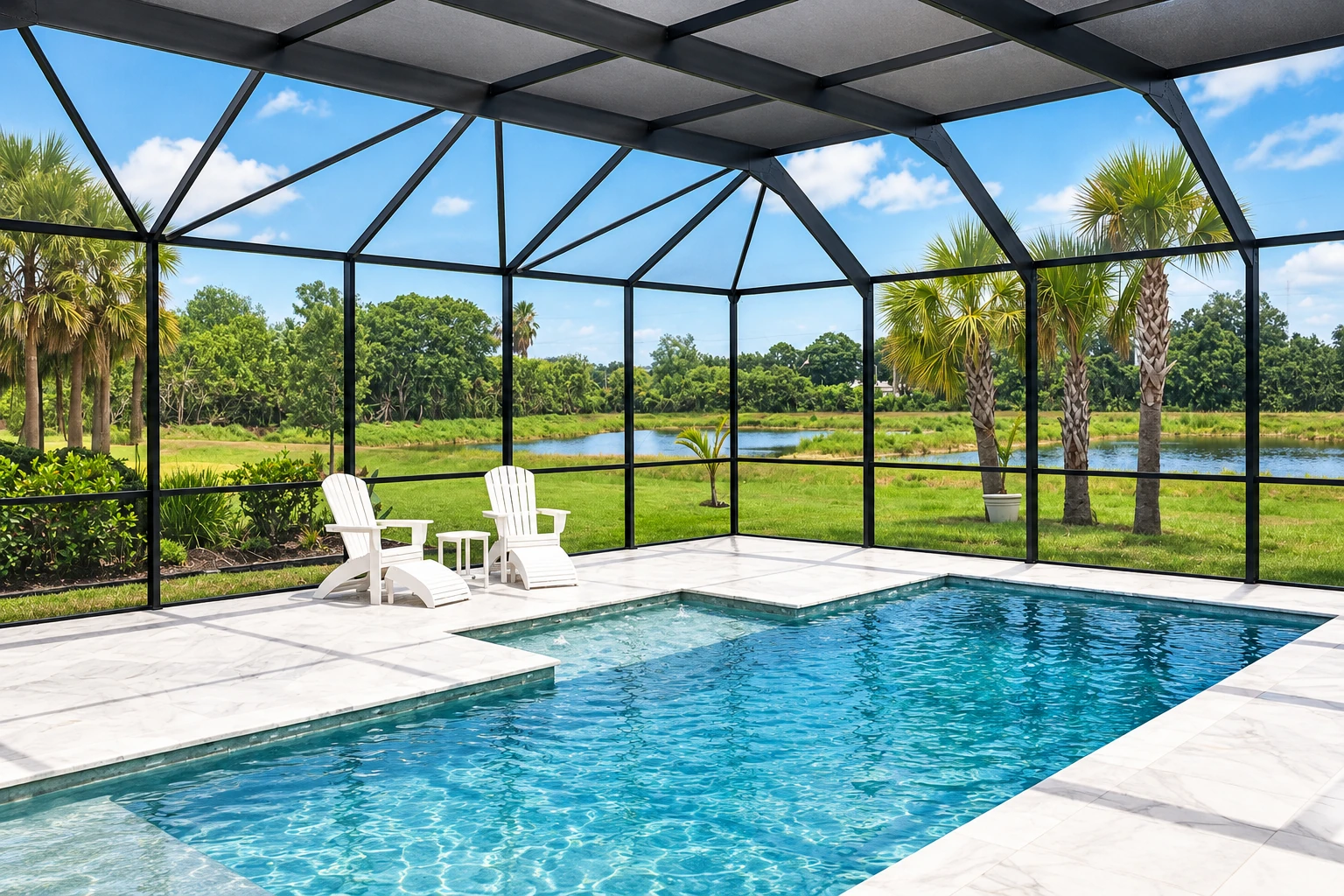 Patio cover installation over a pool, with a dark metal frame, solid roof panels, and open sides.