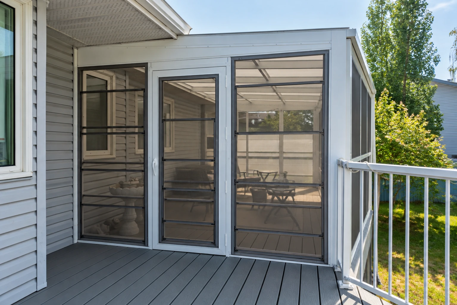 Patio enclosure with white framing, screened panels and a central door on a raised deck.