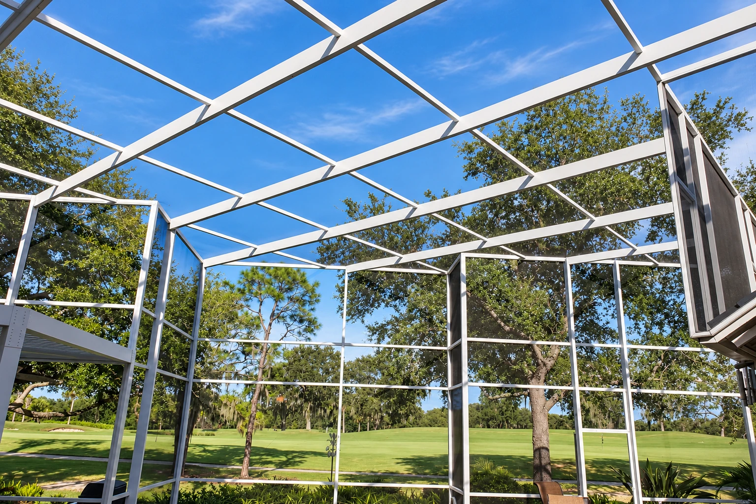 A screened patio enclosure with a white metal frame and open grid roof sits beneath blue sky, with trees and a lawn visible outside.