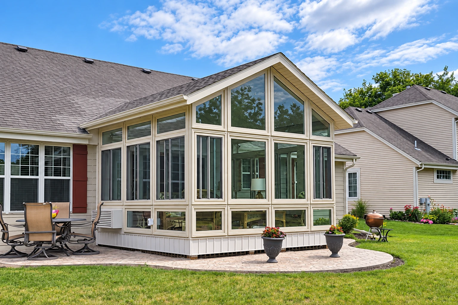 A glass sunroom with a tall peaked roof and cream framing extends from a house beside a paved patio and lawn.