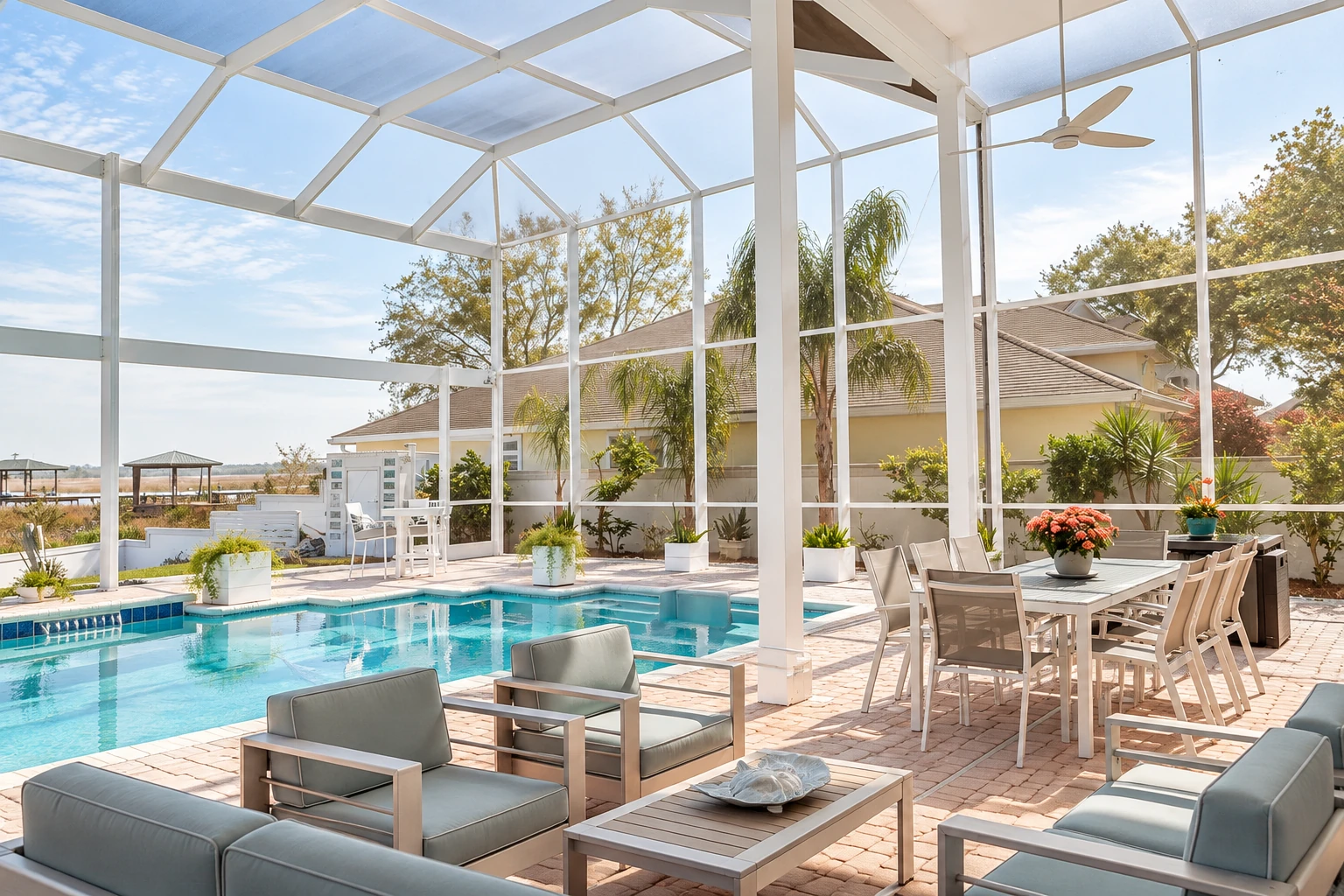 Solarium with a white frame and clear roof enclosing a swimming pool, lounge chairs, and a dining set.