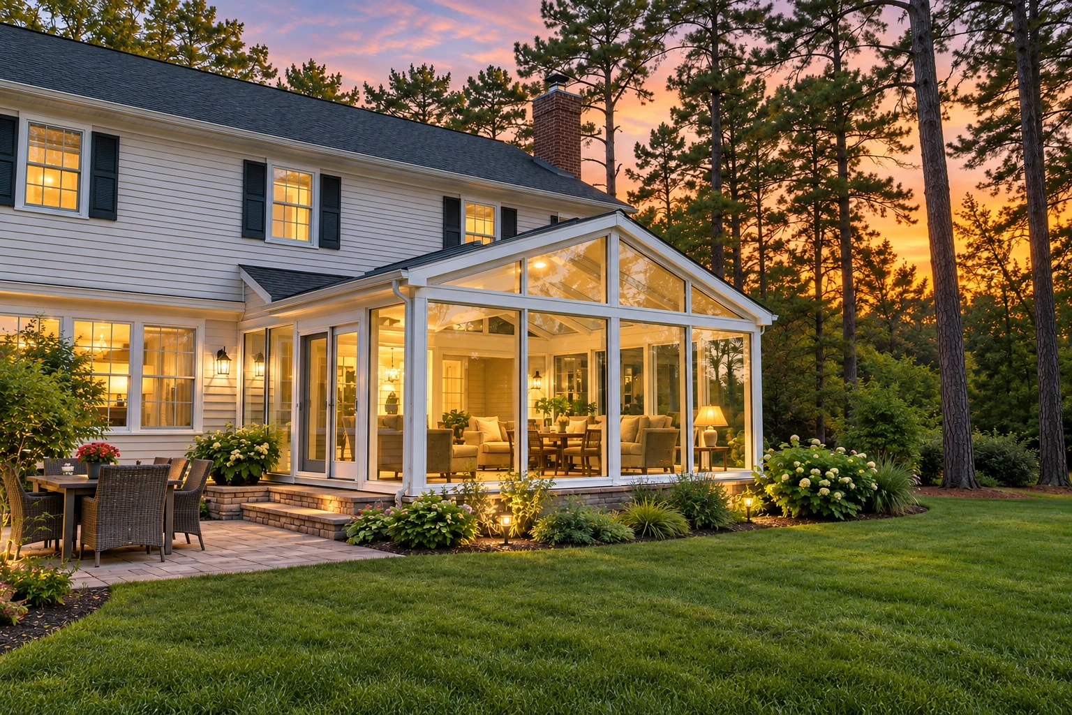 A glass solarium with a peaked roof extends from a white house, glowing at sunset among tall pine trees.