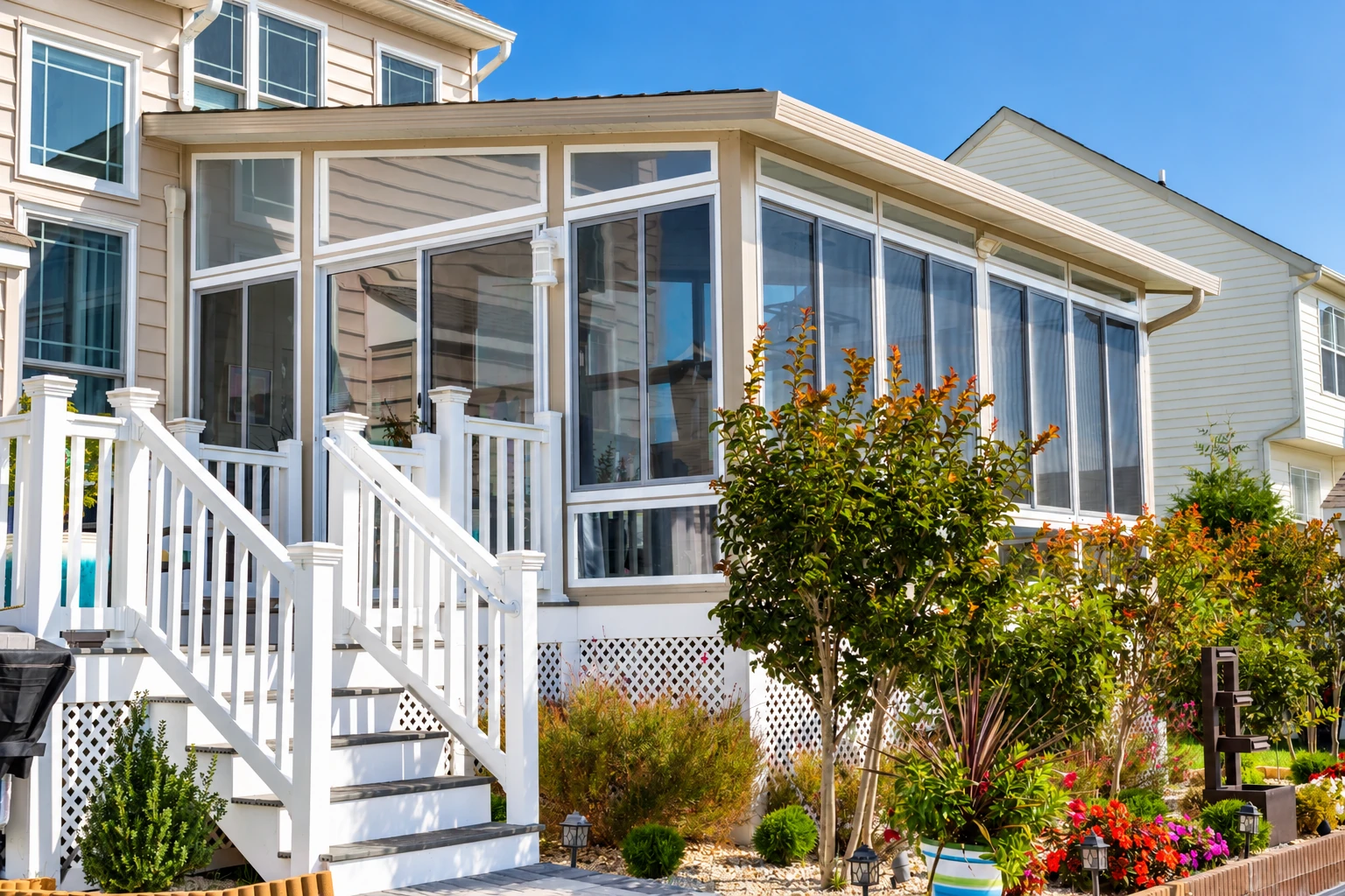 A white-framed glass sunroom extends from a beige house above white deck stairs and a flower-filled garden.