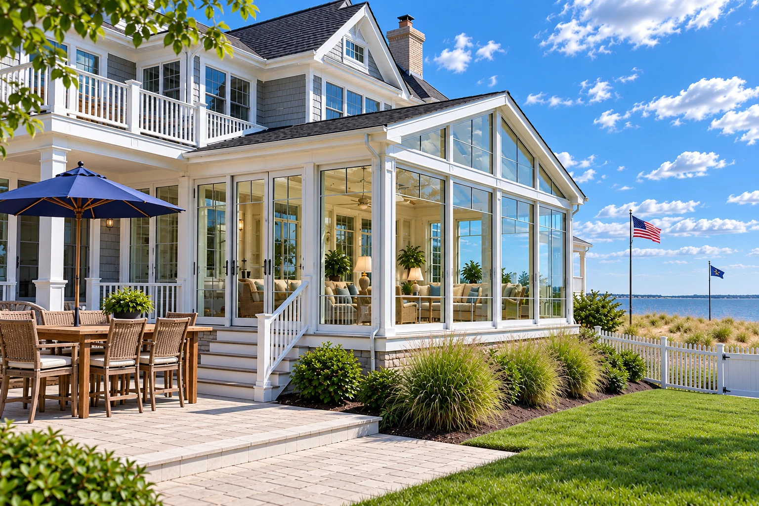 A large white-framed sunroom with a peaked roof faces a waterfront lawn, beside a patio dining set and blue umbrella.
