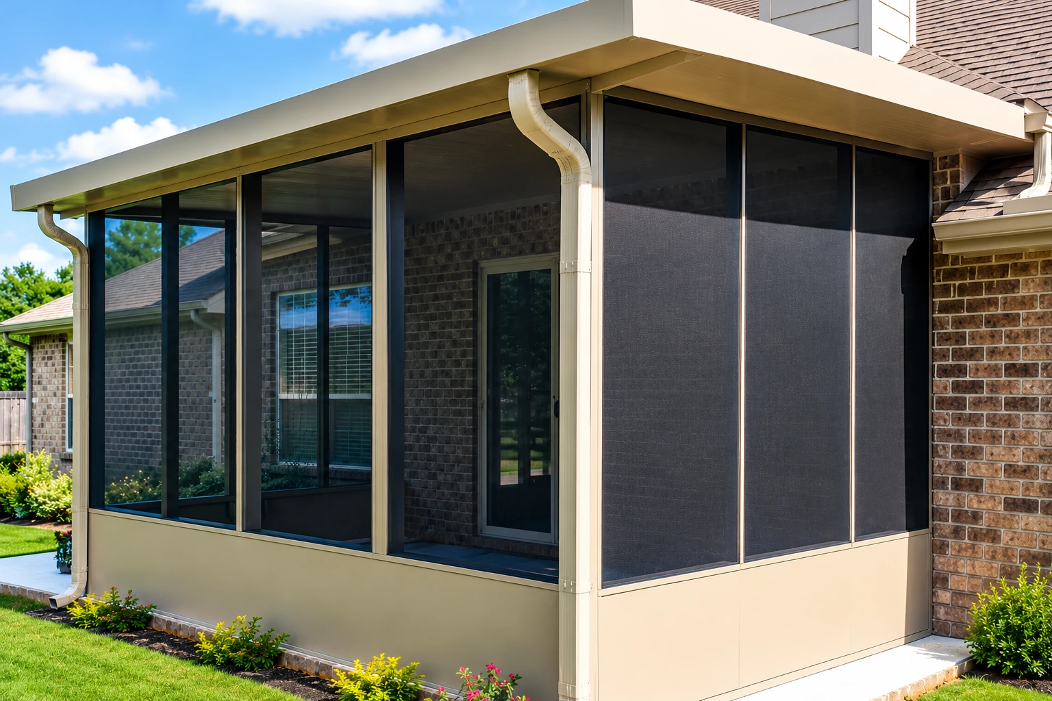 Sunroom with dark screened windows and beige lower panels attached to a brick house.