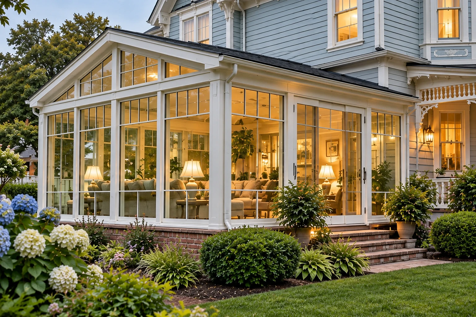 A white-framed glass sunroom addition glows at dusk beside a blue clapboard house, with brick steps and flowering garden beds.