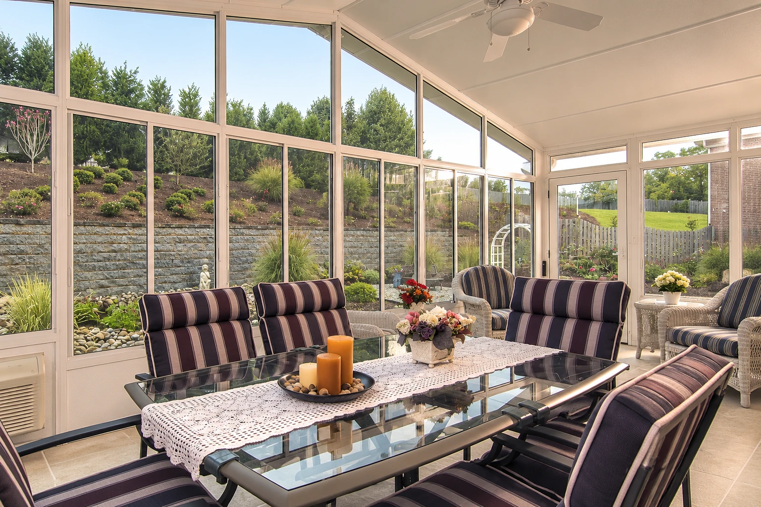 A furnished sunroom has large white-framed windows, striped chairs, a glass table and views of a landscaped garden.