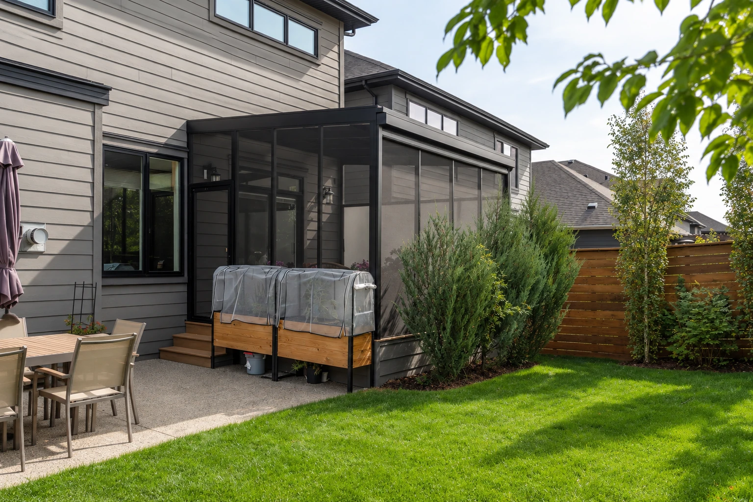 Three-season sunroom with dark screened walls and a low roof beside a gray-sided home and garden.