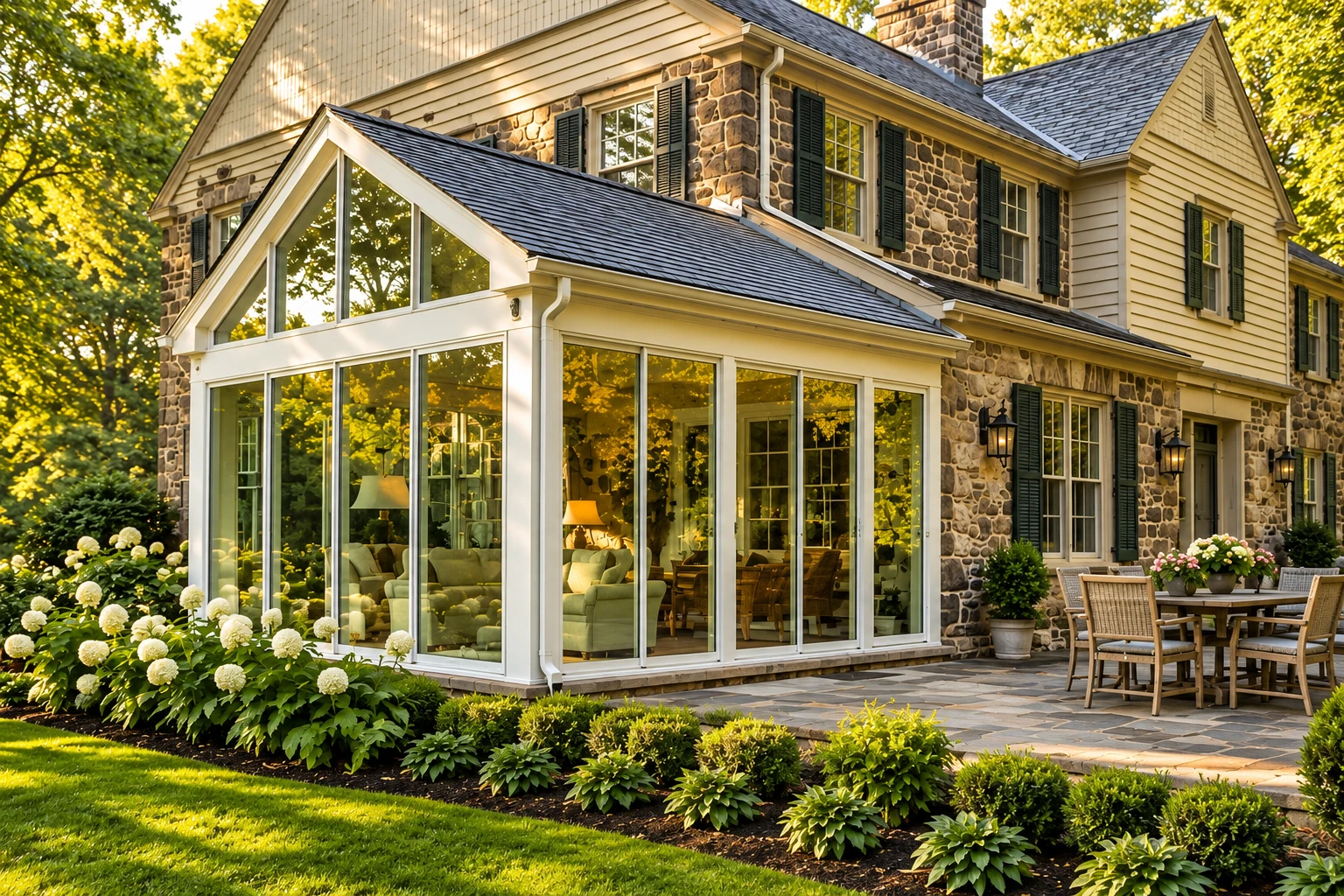 A white-framed sunroom with a peaked glass gable extends from a stone-and-siding house, beside a flower garden and paved patio.